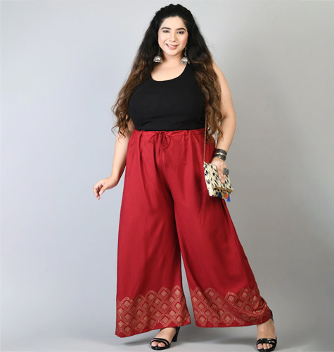 Women Plus Size Red & Brown Printed Palazzos